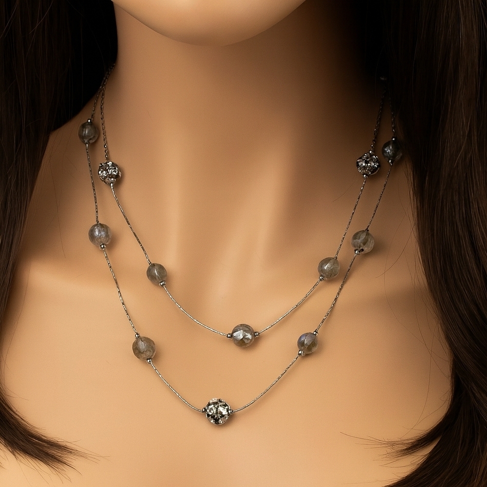 Women Silver Multi Strand Crystal Ball Beaded Necklace Earrings Set 34" Jewelry